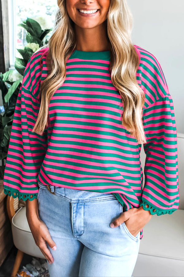 Sachet Pink Striped Round Neck Contrast Trim Bell Sleeve Top
