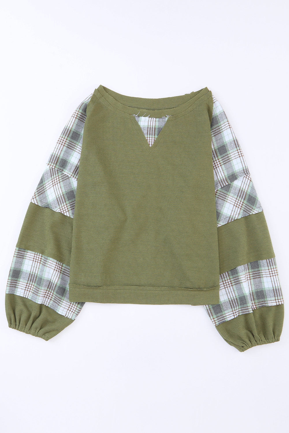 Green Plaid Patch Waffle Knit Long Sleeve Top