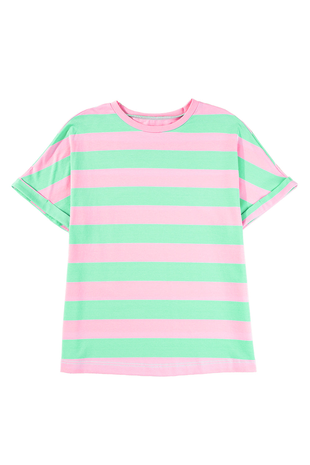 Pink Stripe Colorblock Cuffed Sleeve Loose Tee