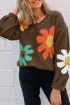 Coffee Vintage 60s Flower Pattern V Neck Lantern Sleeve Sweater