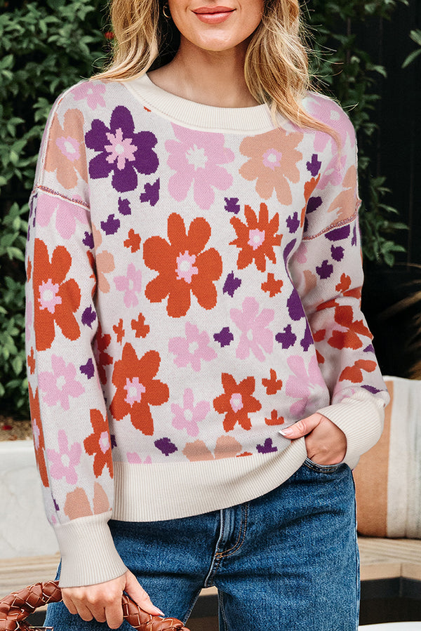 Khaki Vibrant Flower Round Neck Drop Sleeve Sweater