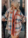 Brown Stripe Plus Size Plaid Print Collared Buttoned Jacket