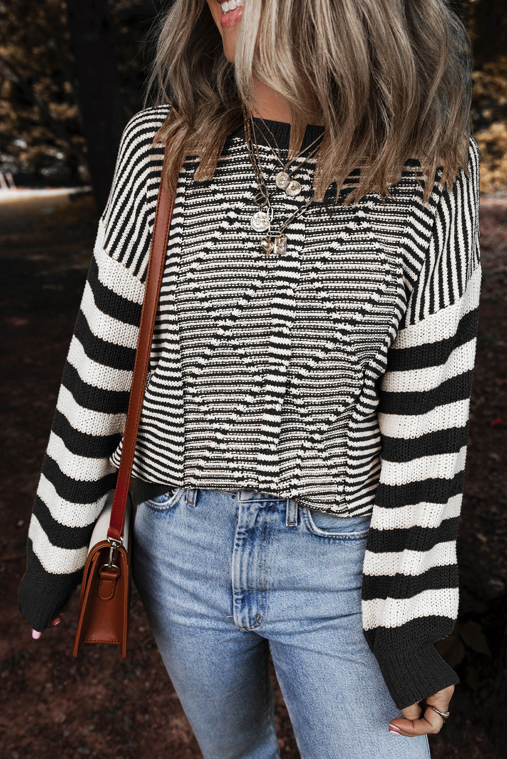 Black Stripe Twisted Knitted Drop Shoulder Sweater