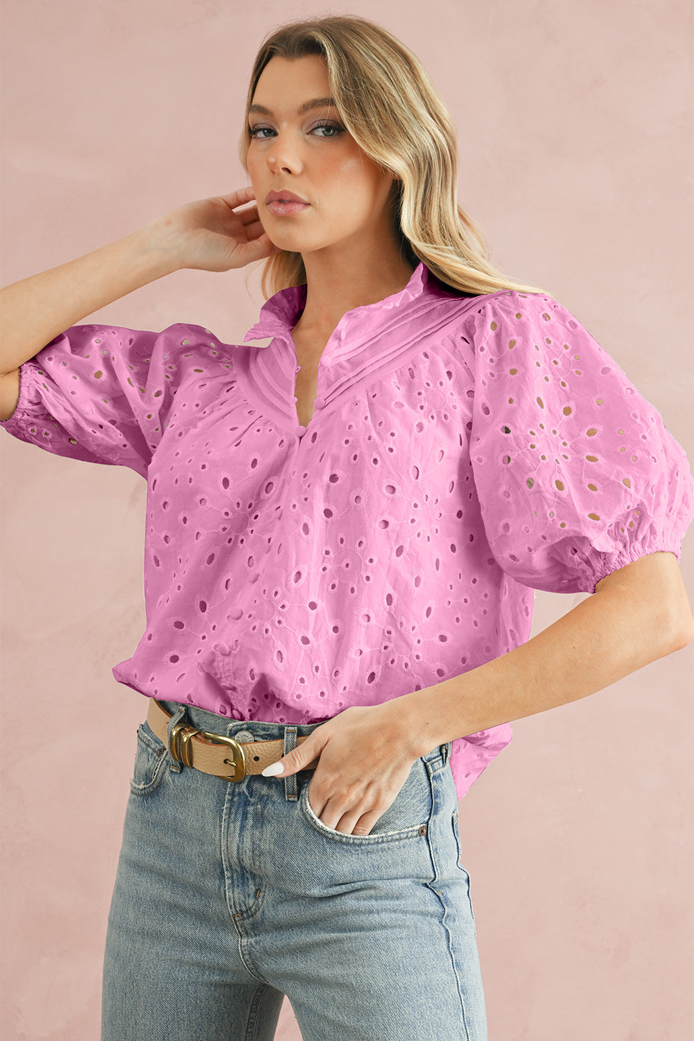 Bonbon Hollow-out Flower Embroidered Short Puff Sleeve Blouse