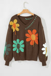 Coffee Vintage 60s Flower Pattern V Neck Lantern Sleeve Sweater