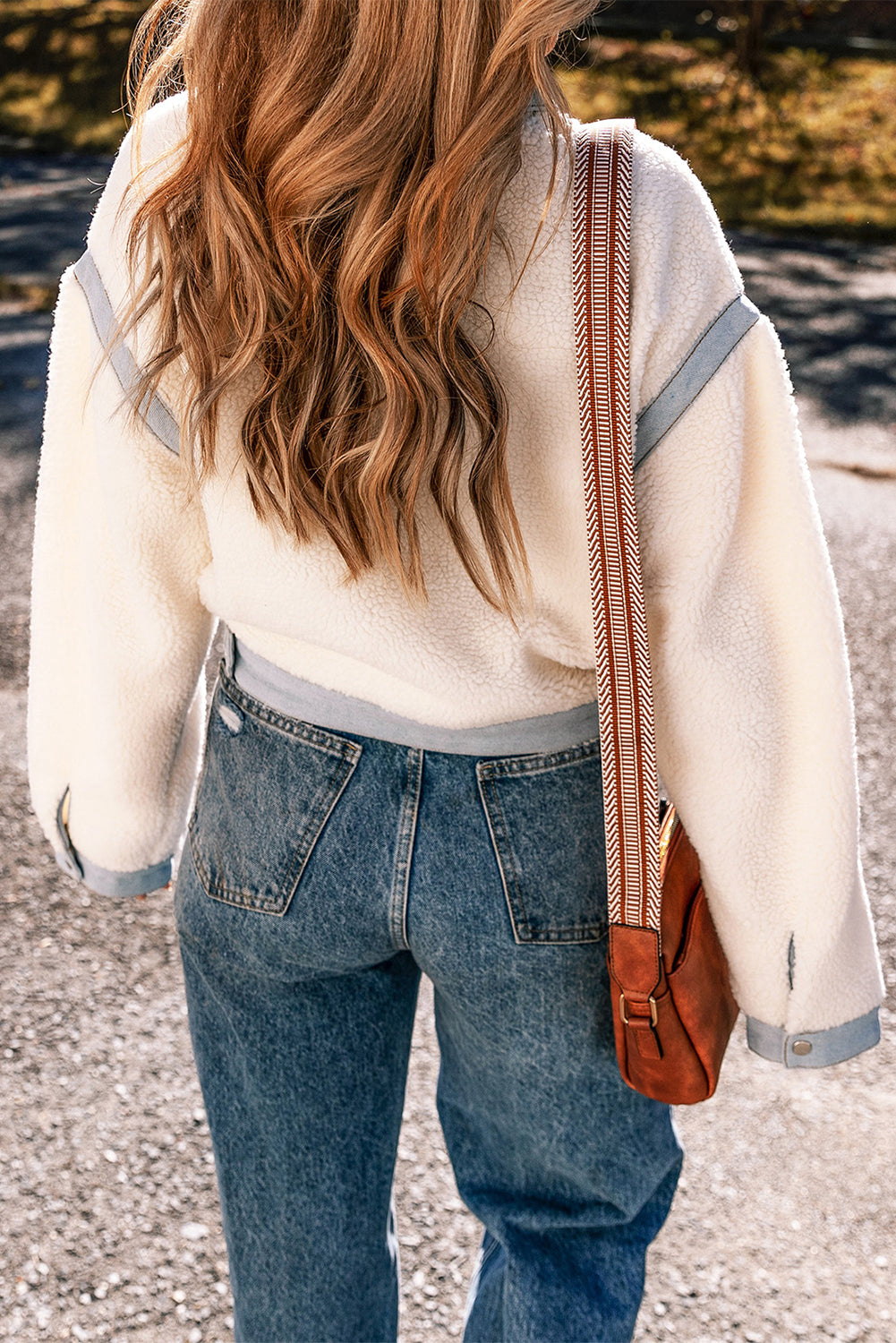 White Contrast Trim Buttoned Sherpa Jacket