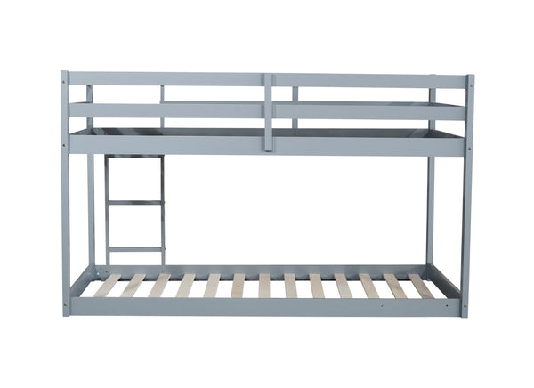 Solid Wooden , Solid Rubber Wooden Twin over Twin Floor Bunk Bed with Ladder ,Upper and Bottom Bed Platforms crafted with Strengthened Slats ,Grey