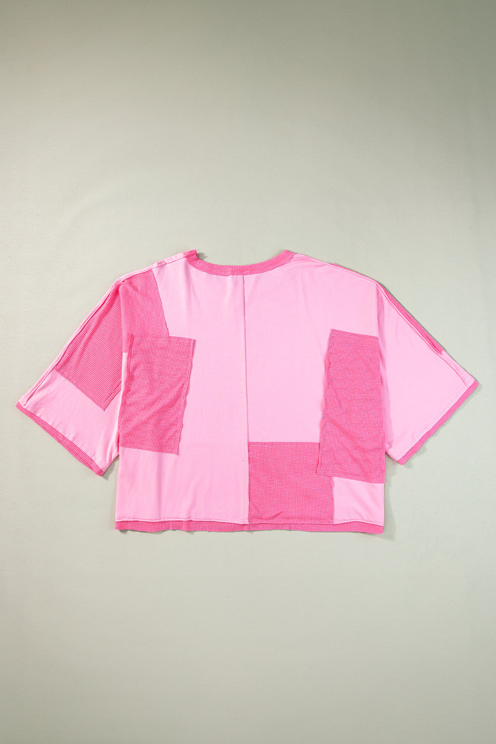 Pink Textured Patchwork 3/4 Sleeve Oversized Top