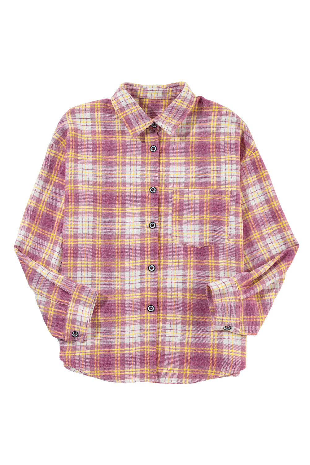 Pink Plaid Print Chest Pocket Long Sleeve Shacket