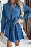 Tied Half Button Long Sleeve Denim Dress - Cocoa Yacht Club