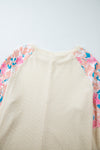 Apricot Floral Patchwork Puff Sleeve Plus Size Ribbed Top