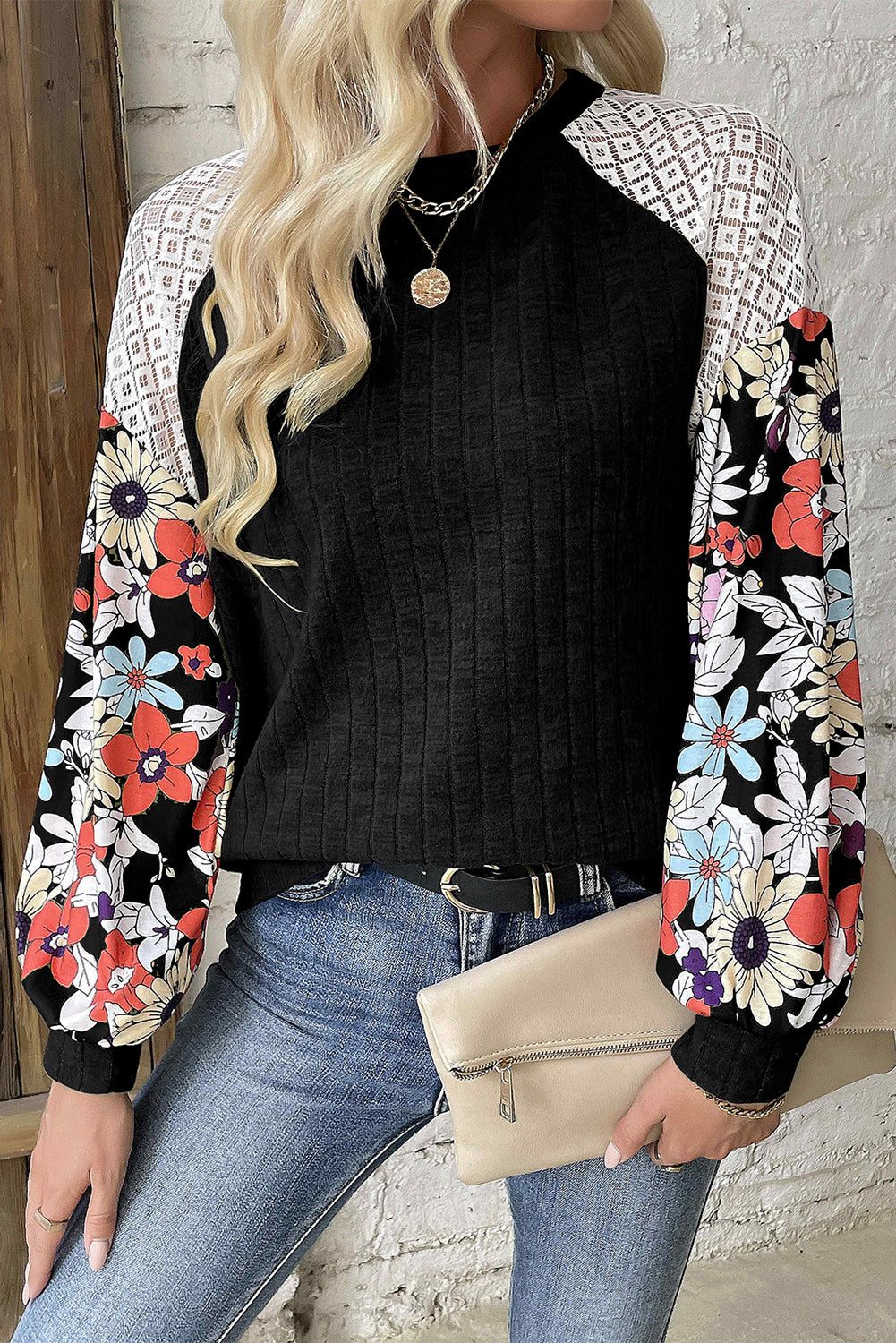 Parchment Floral Patchwork Raglan Sleeve Ribbed Blouse