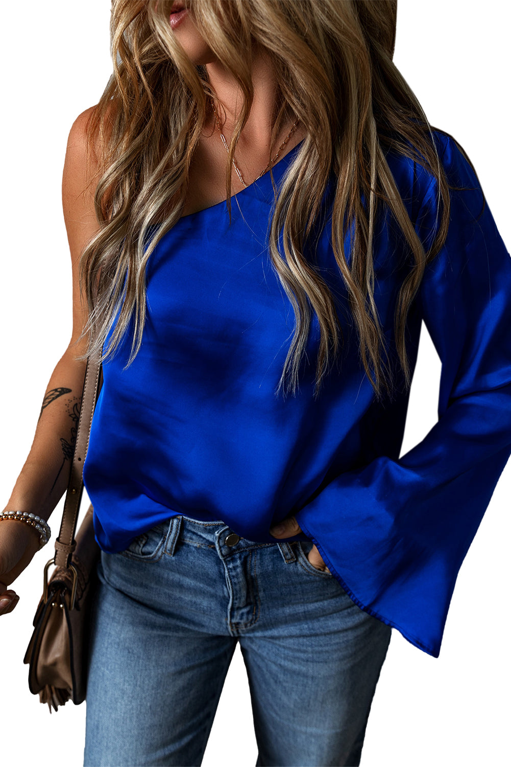 Blouses Dark Blue Asymmetric One Shoulder Bell Sleeve Satin Blouse.