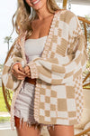 Smoke Gray Colorblock Checked Open Front Knitted Cardigan