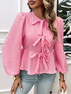 Devine Tied Round Neck Long Sleeve Blouse - Cocoa Yacht Club