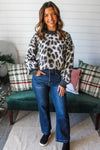 Carbon Grey Leopard Pattern Contrast Trim Round Neck Sweater