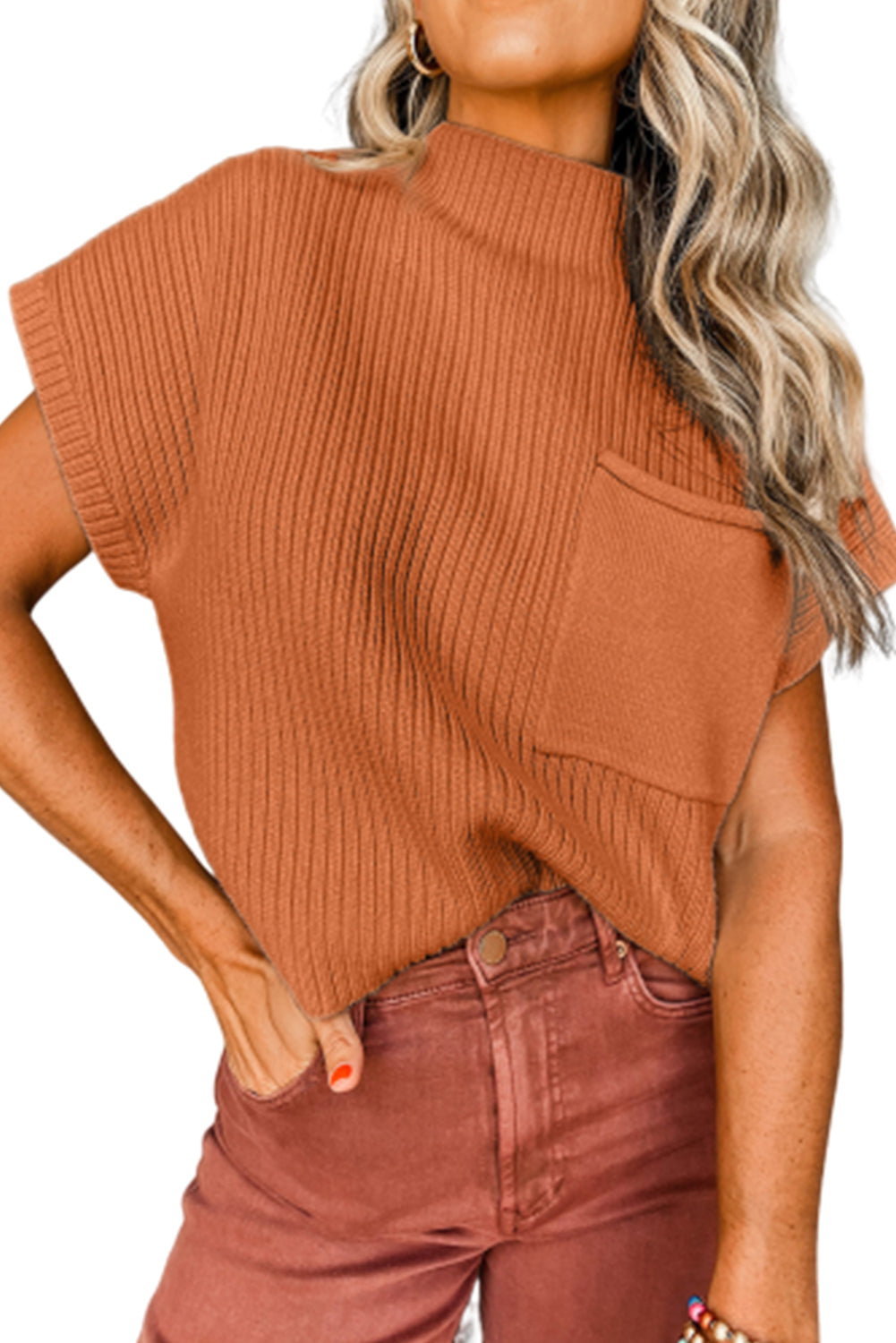 Oatmeal Patch Pocket Ribbed Knit Short Sleeve Sweater