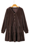 Dark Brown Textured Velvet V Neck Button Mini Dress