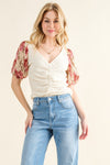 And The Why Full Size Floral Print Textured Sleeve Knit Top - Cocoa Yacht Club