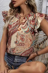 Khaki Paisley Floral Ruffle Sleeveless V Neck Blouse