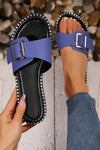 Black Buckled Strap Faux Leather Flat Chic Slippers