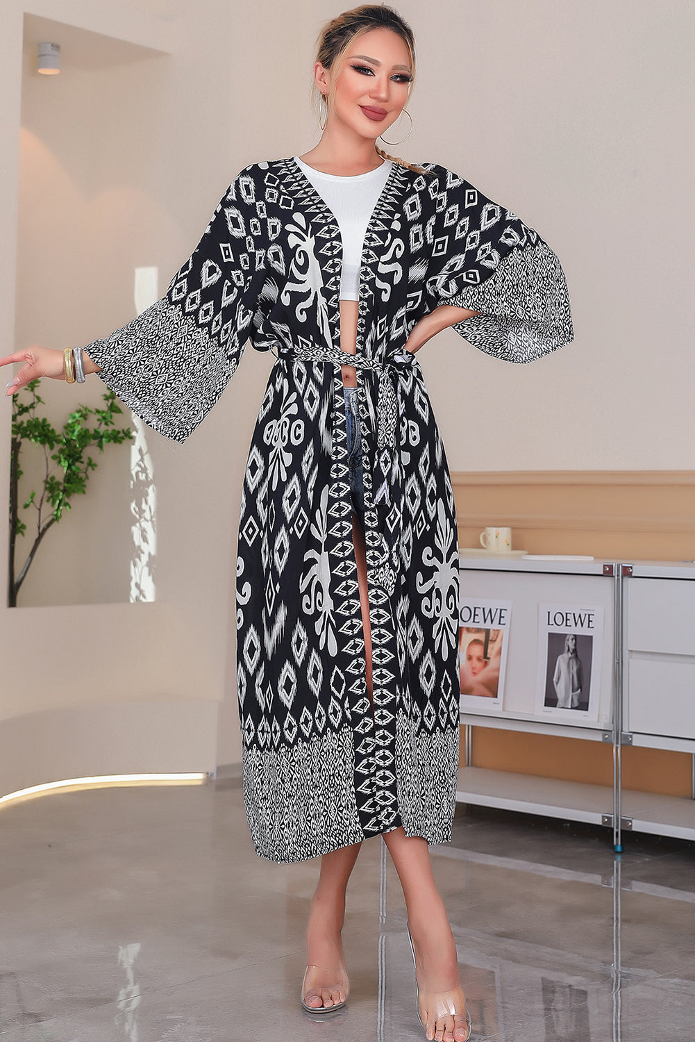 Black Geometric Colorblock Cardigan Bikini Sun Shirt Vacation Beach Dress