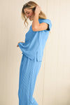 Blue Solid Corded Short Sleeve T Shirt and Wide Leg Pants Set