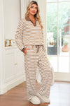 Khaki Stripe Textured Collared Pullover Top and Drawstring Pants Set