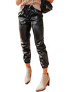 Black Faux Leather Smocked Waist Drawstring Cropped Pants