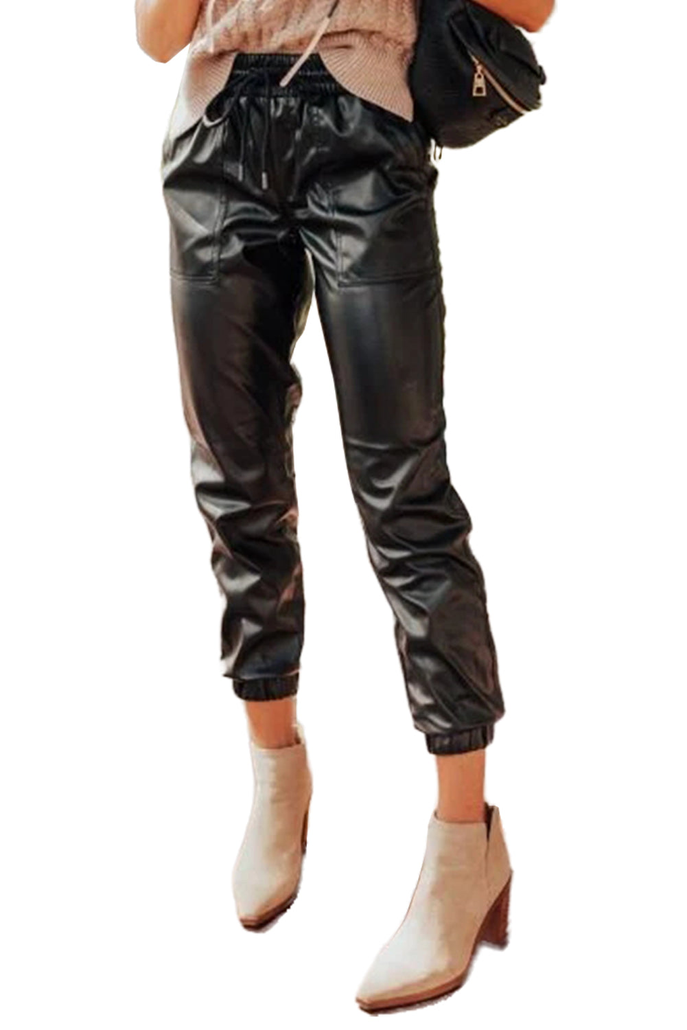 Black Faux Leather Smocked Waist Drawstring Cropped Pants