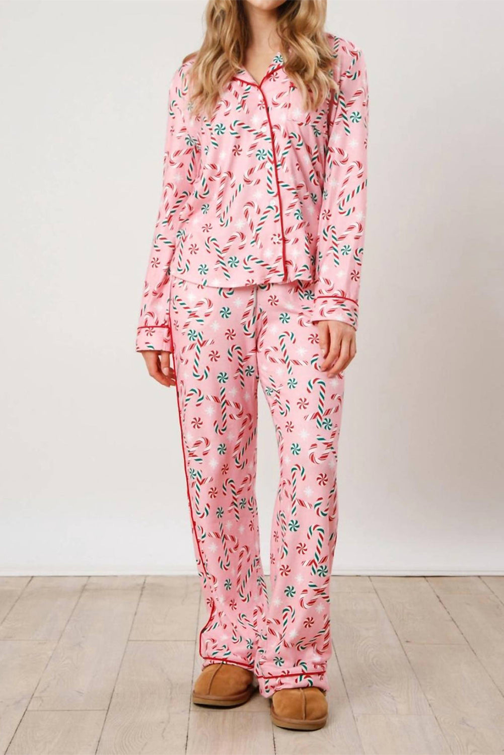 Pink Christmas Candy Cane Print Collar Shirt and Pants Pajamas Set