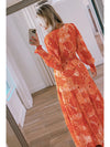 Orange Boho Floral Bishop Sleeve V Neck Tiered Maxi Dress