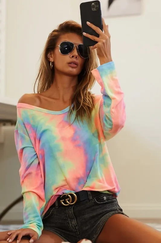 BiBi Tie Dye French TerryLong Sleeve Knit Top