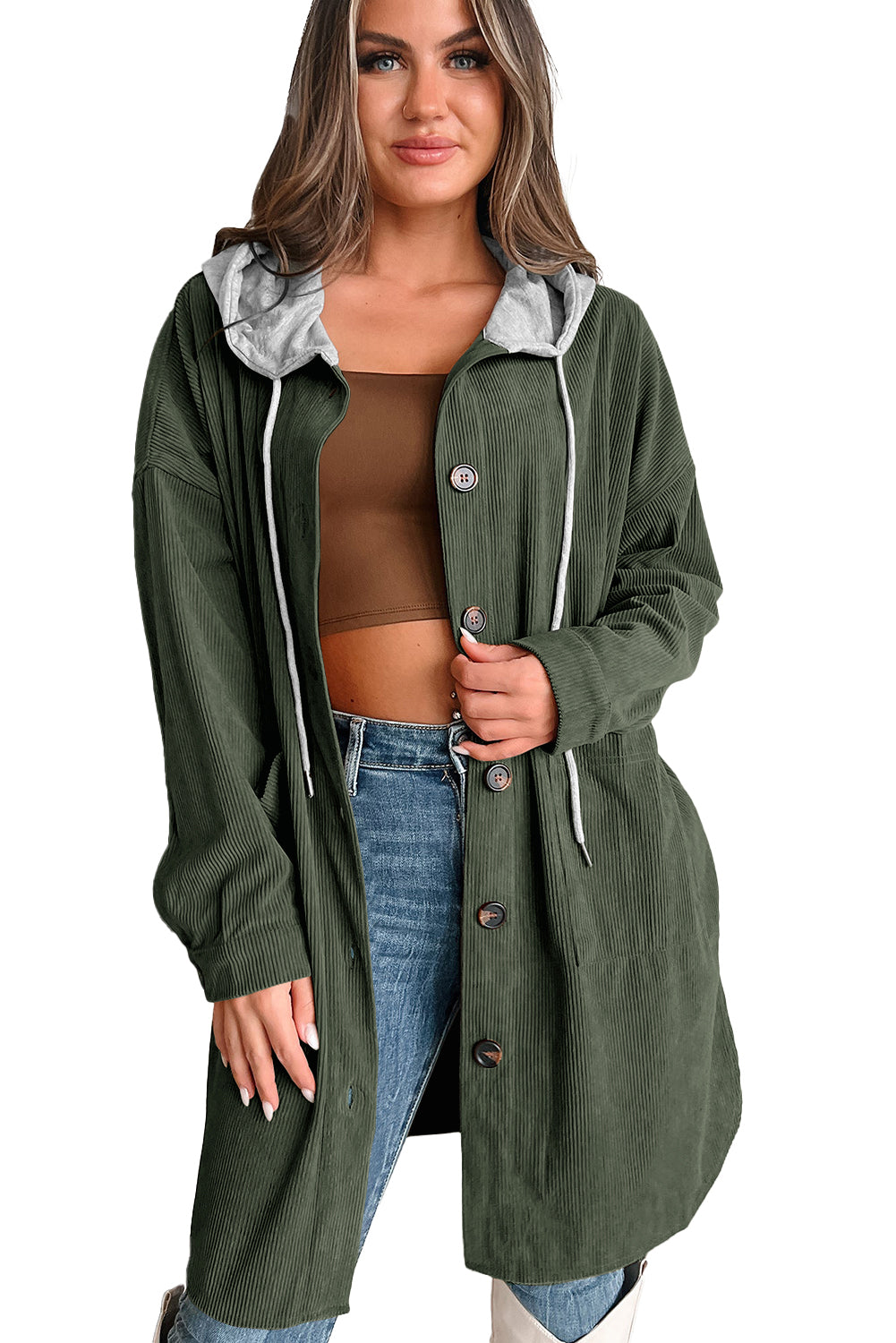 Jungle Green Oversized Hooded Patchwork Corduroy Shacket