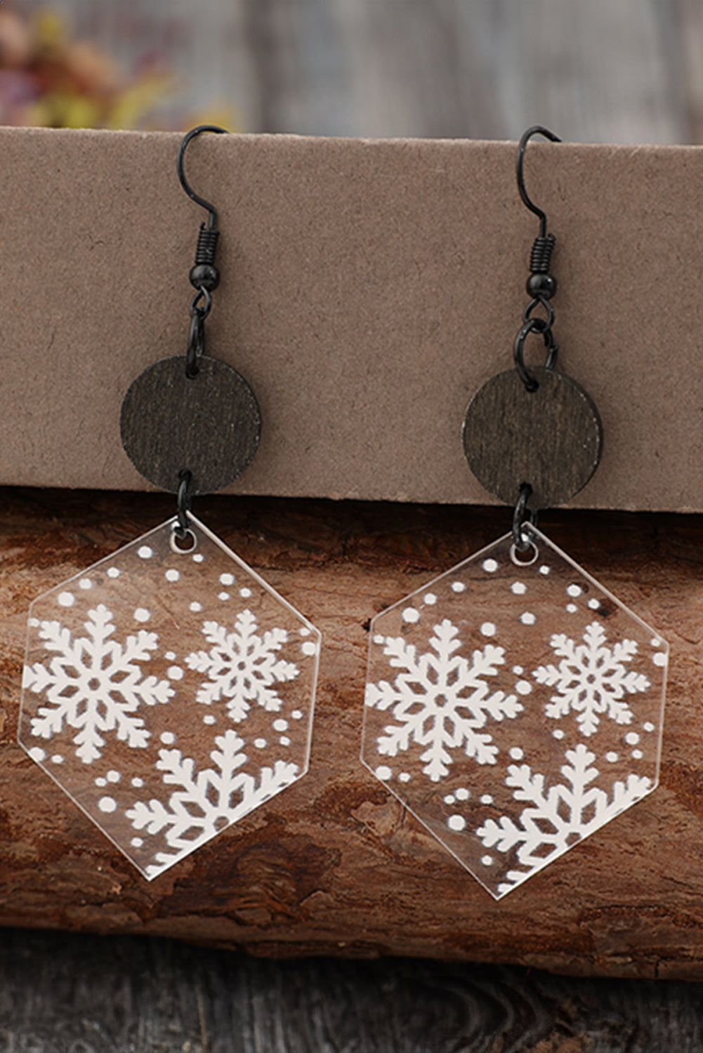 White Snowflake Print Acrylic Dangle Christmas Earrings