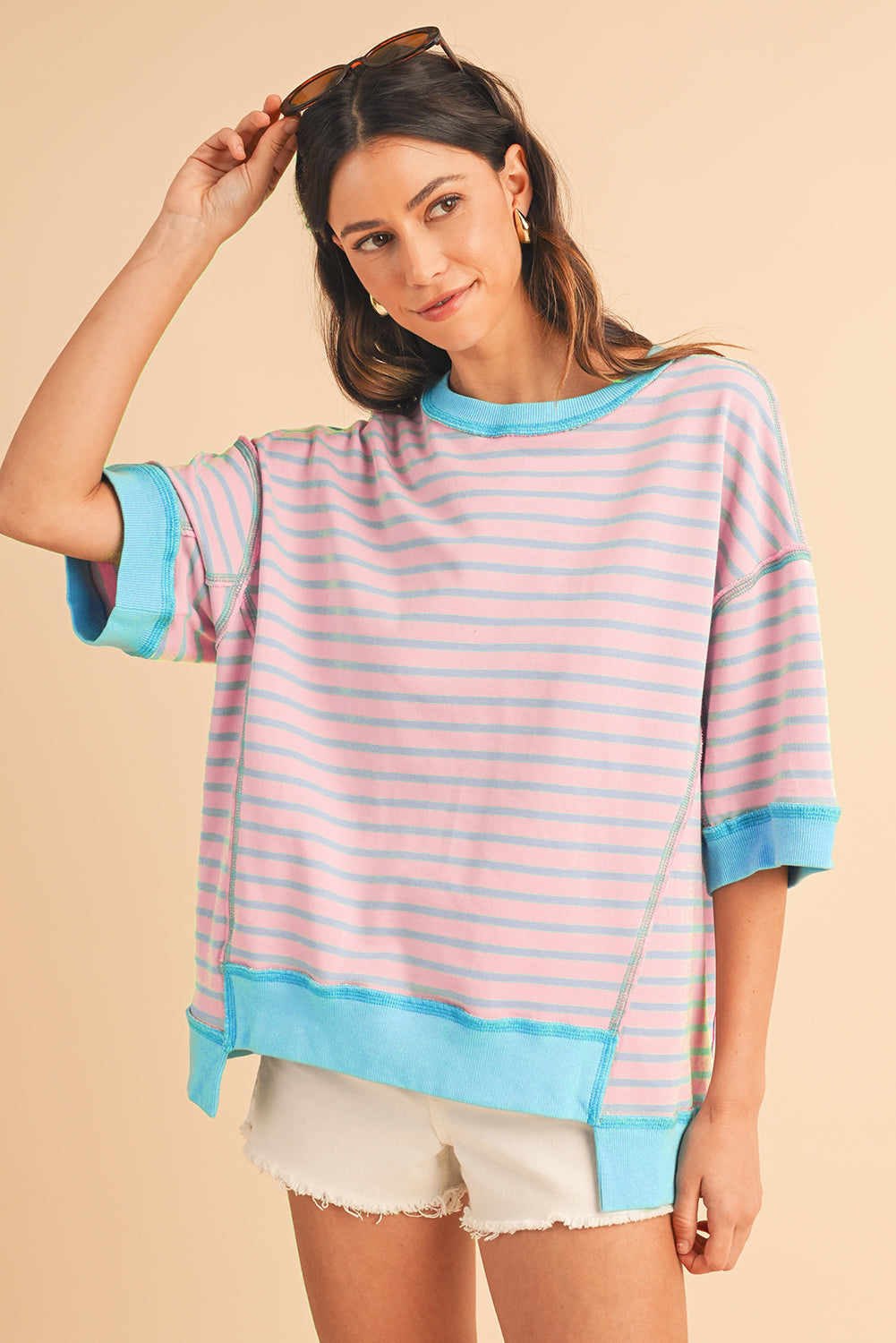 Sky Blue Stripe Contrast Drop Sleeve Loose Top