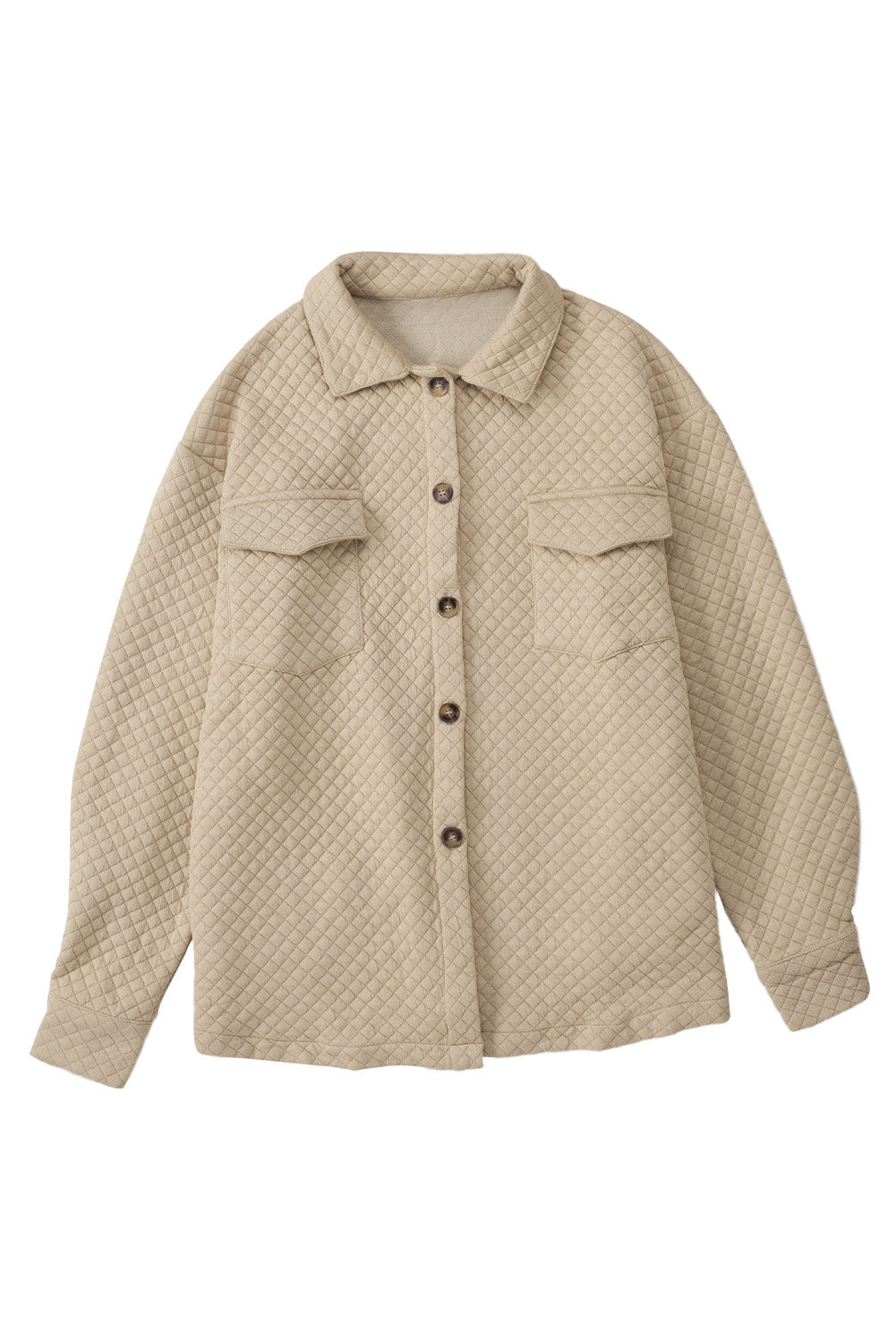 Khaki Lattice Texture Pockets Button Up Quilted Shacket