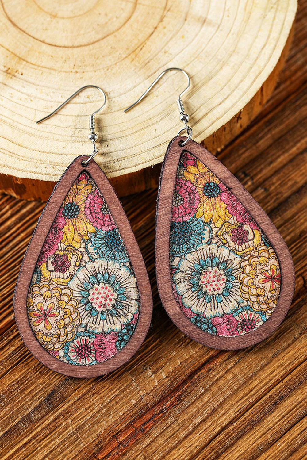 Multicolour Floral Print Contrast Trim Wooden Drop Earrings