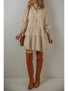 Tan Puff Sleeve Buttoned Tiered Pleated Mini Shirt Dress