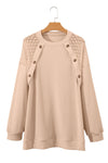 Beige Plus Size Lace Patchwork Buttons Waffle Knit Top