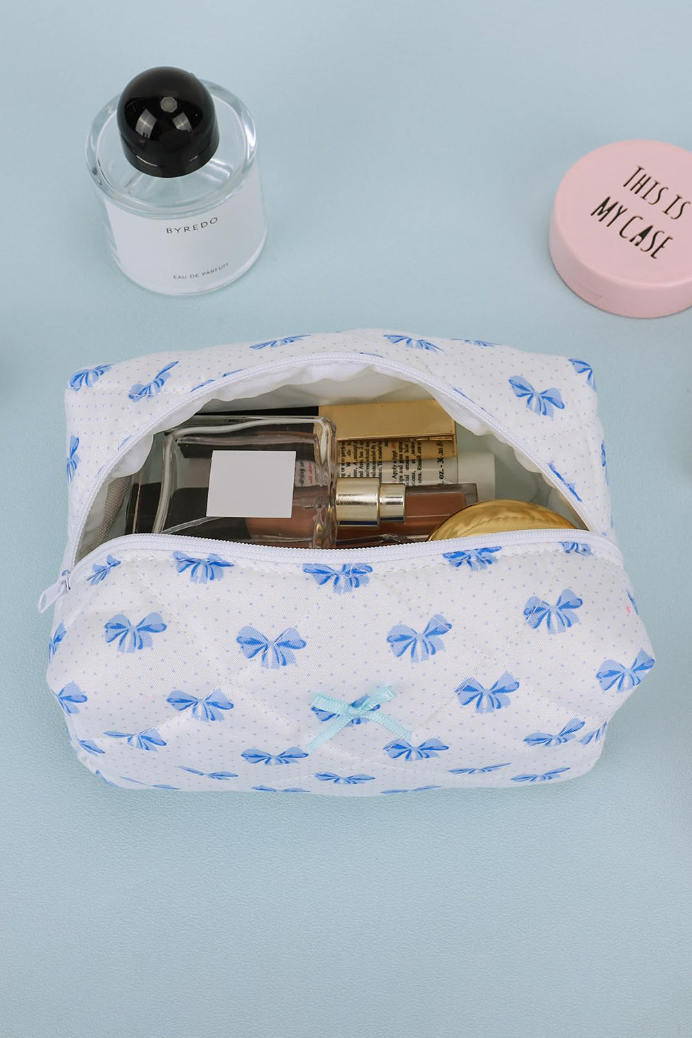 Sky Blue Sweet Bowknot Quilted Zipper Makeup Bag