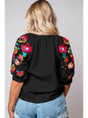 Black Floral Embroidered Ricrac Puff Sleeve Textured Blouse