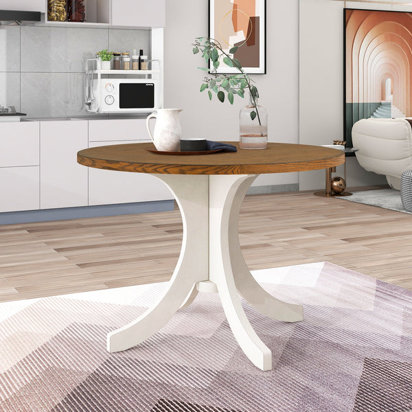 TOPMAX Mid-Century Solid Wood 5-Piece Round Dining Table Set, Kitchen Table Set with Upholstered Chairs for Small Places, Walnut Table+Beige Chair (old sku:SH000226AAD)