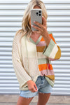 Beige Oversized Colorblock V Neck Hooded Sweater