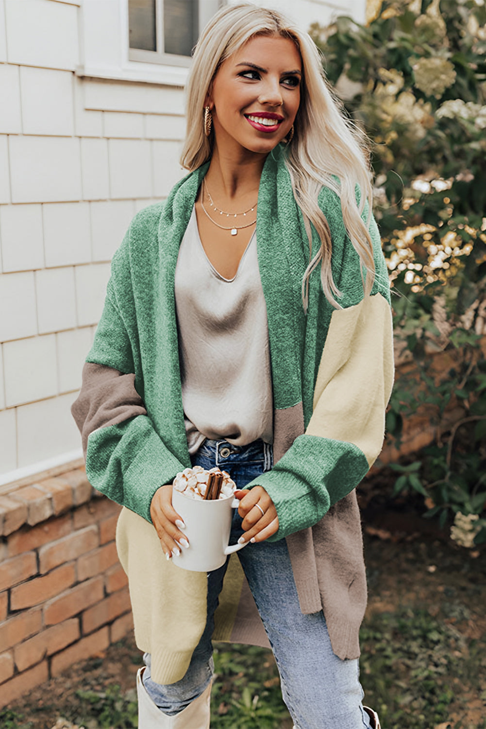 Green Colorblock Draped Open Front Cardigan