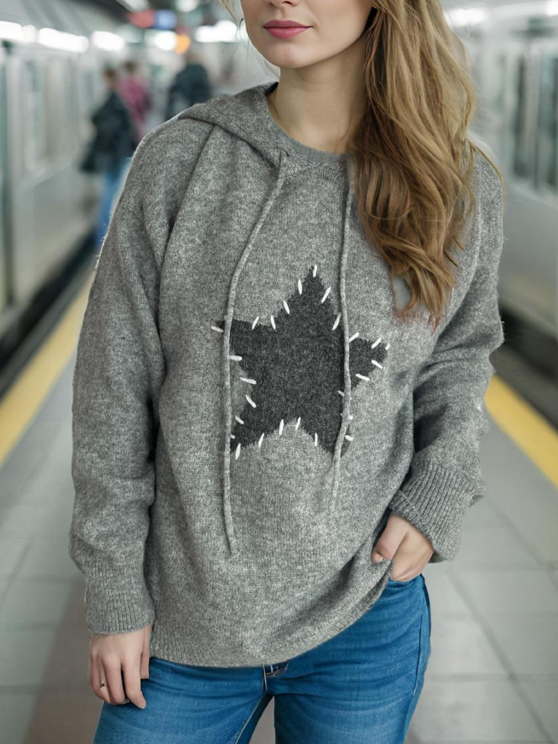 Drawstring Star Long Sleeve Hooded Sweater