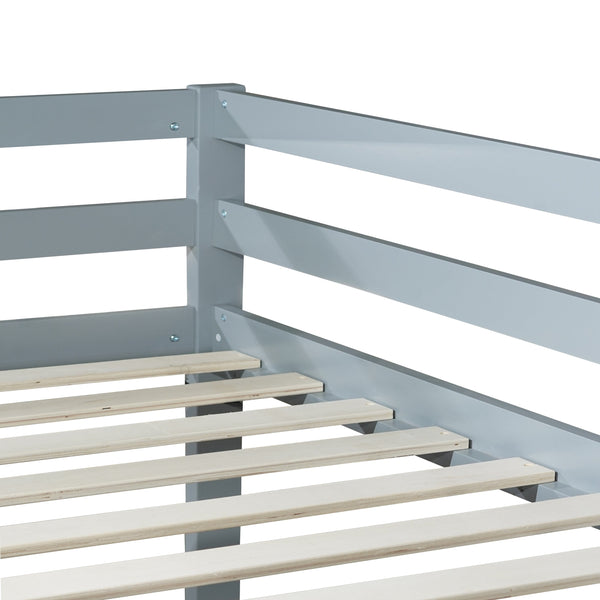Solid Wooden , Solid Rubber Wooden Twin over Twin Floor Bunk Bed with Ladder ,Upper and Bottom Bed Platforms crafted with Strengthened Slats ,Grey