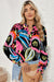 Black Abstract Print Ruffled Sleeve Button V Neck Blouse