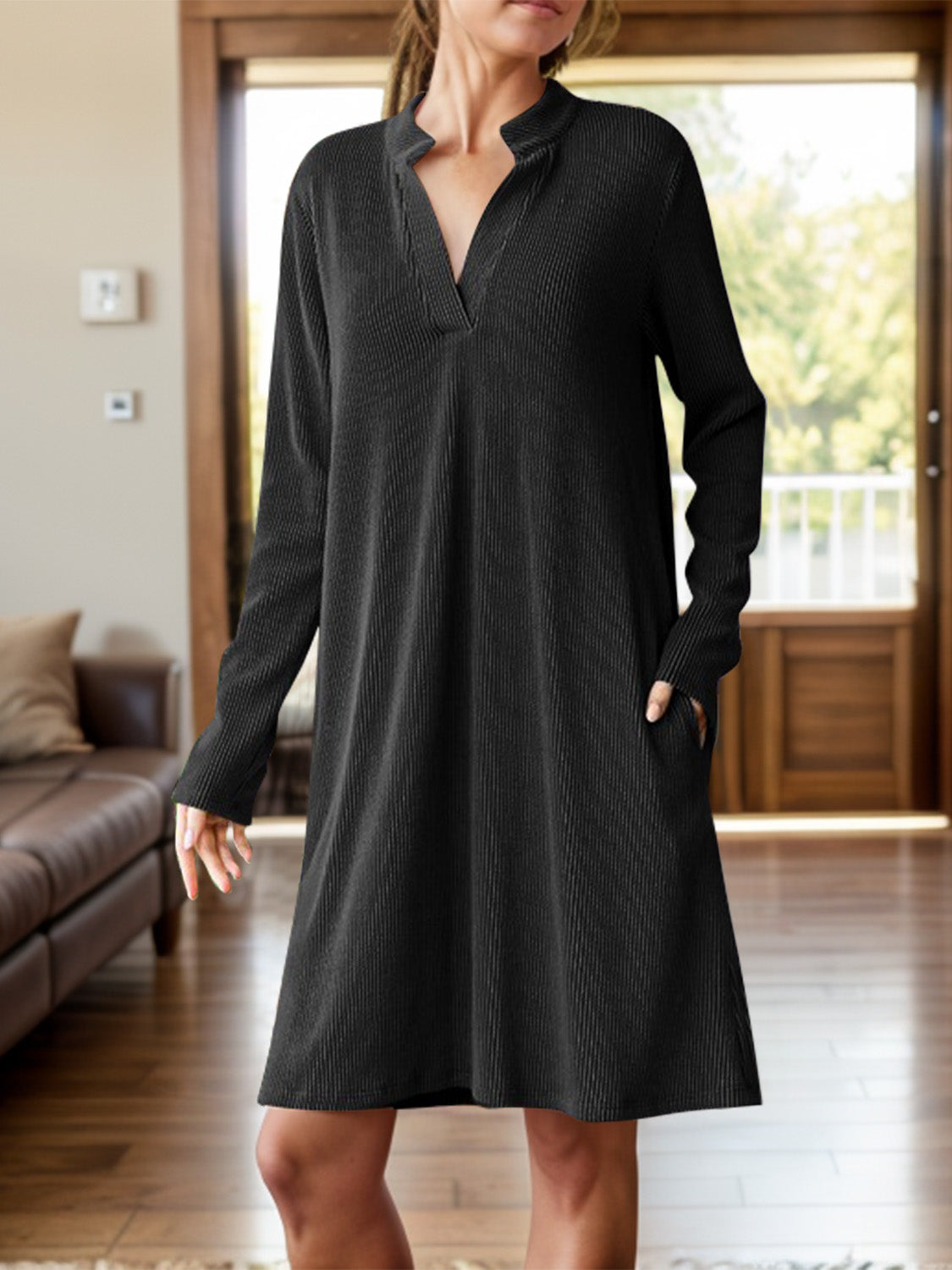 Notched Long Sleeve Mini Dress with Pockets