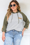 Green Striped Raglan Sleeve Pocket Plus Size Hoodie